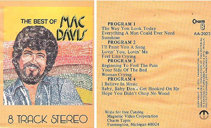 Uncredited Artists / The Best of Mac Davis (1973) / Charm AA-2023 (8-Track Tape)