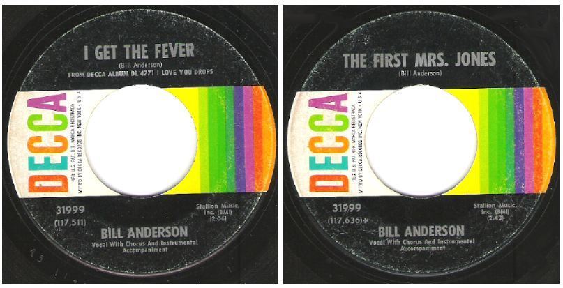 Anderson, Bill / I Get the Fever (1967) / Decca 31999 (Single, 7" Vinyl)