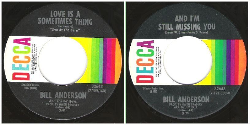 Anderson, Bill / Love is a Sometimes Thing (1970) / Decca 32643 (Single, 7" Vinyl)