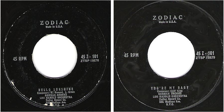 Brooks, Norman / Hello Sunshine (1953) / Zodiac 45 Z-101 (Single, 7" Vinyl)