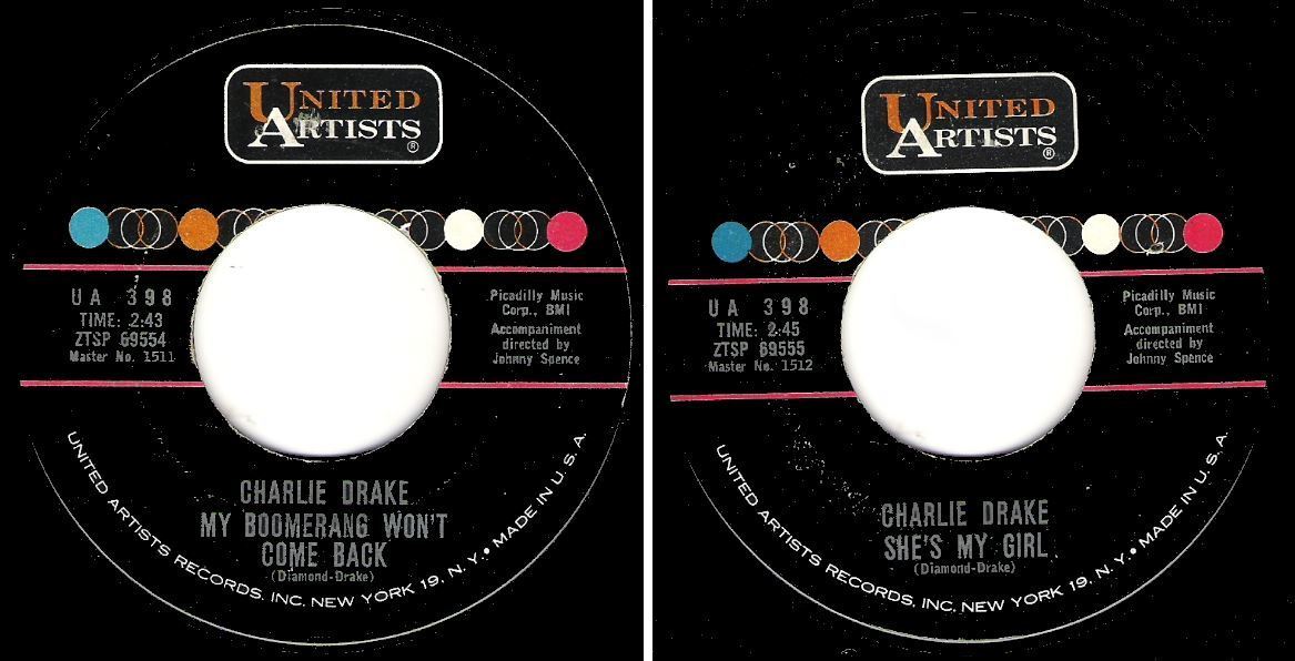 Drake, Charlie / My Boomerang Won't Come Back (1961) / United Artists UA-398 (Single, 7" Vinyl)