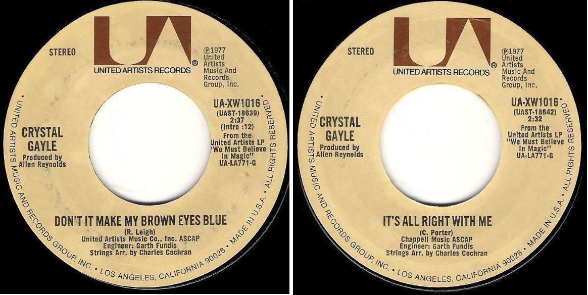Gayle, Crystal / Don't It Make My Brown Eyes Blue (1977) / United Artists UA-XW1016 (Single, 7" Vinyl)