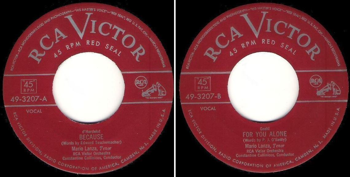Lanza, Mario / Because (1951) / RCA Victor (Red Seal) 49-3207 (Single, 7" Vinyl)
