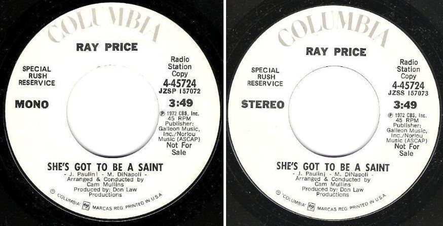 Price, Ray / She&#39;s Got to be a Saint (1972) / Columbia 4-45724 (Single, 7&quot; Vinyl) / Promo