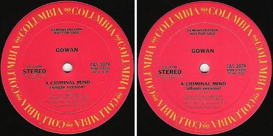 Gowan / A Criminal Mind (1984) / Columbia CAS-2079 (Single, 12" Vinyl) / Promo