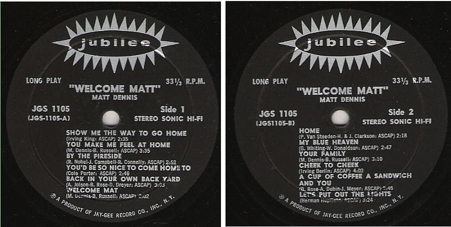 Dennis, Matt / Welcome Matt (1959) / Jubilee JGS-1105 (Album, 12" Vinyl)