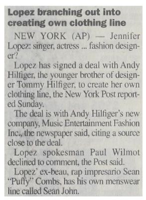 Lopez, Jennifer / Lopez Branching Out Into Creating Own Clothing Line (2001)