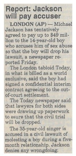 Jackson, Michael / Report: Jackson Will Pay Accuser (1994)