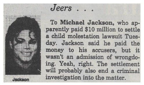 Jackson, Michael / Paid $10 Million to Settle (1994)