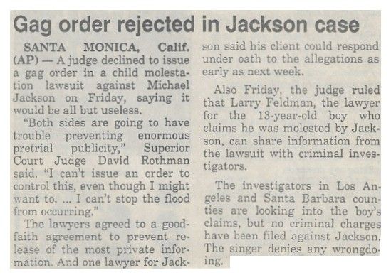 Jackson, Michael / Gag Order Rejected in Jackson Case (1993)