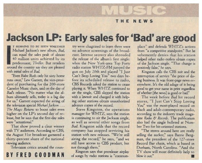 Jackson, Michael / Jackson LP: Early Sales for &#39;Bad&#39; are Good (1987)