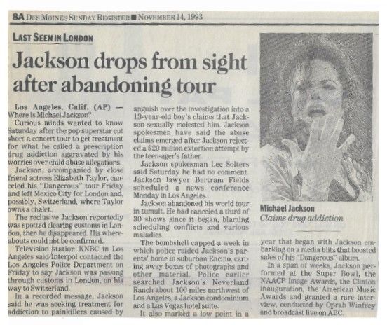 Jackson, Michael / Jackson Drops From Sight After Abandoning Tour (1993)