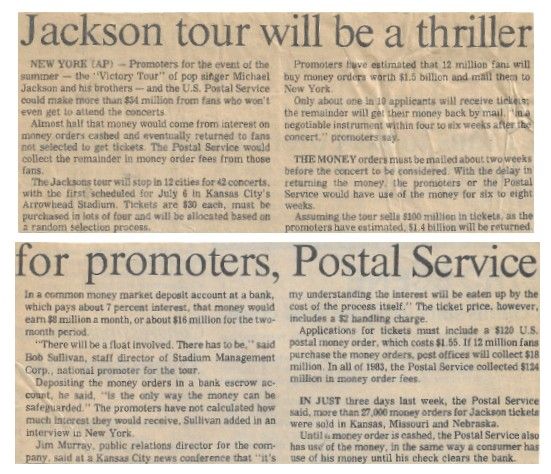 Jackson, Michael / Jackson Tour Will be a Thriller for Promoters, Postal Service (1984)