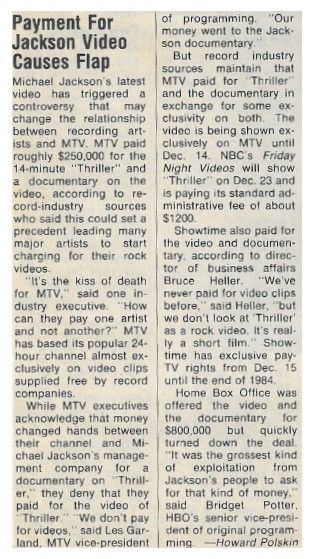 Jackson, Michael / Payment for Jackson Video Causes Flap (1984)