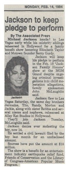 Jackson, Michael / Jackson to Keep Pledge to Perform (1994)