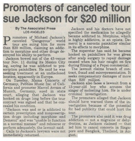 Jackson, Michael / Promoters of Canceled Tour Sue Jackson for $20 Million (1993)