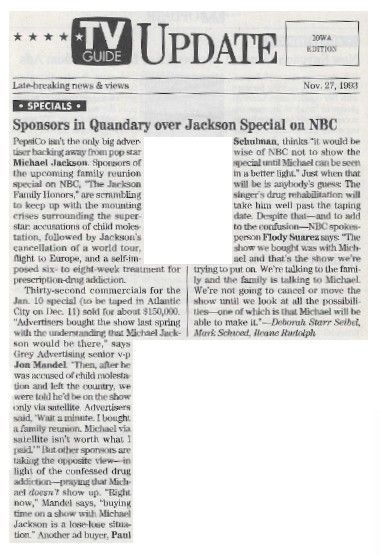 Jackson, Michael / Sponsors in Quandary Over  Jackson Special on NBC (1993)