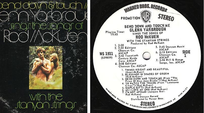 Yarbrough, Glenn / Bend Down and Touch Me - The Songs of Rod McKuen (1971) / Warner Bros. WS-1911 (Album, 12" Vinyl) / Promo