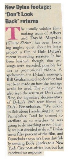 Dylan, Bob / New Dylan Footage; &#39;Don&#39;t Look Back&#39; Returns (1983)