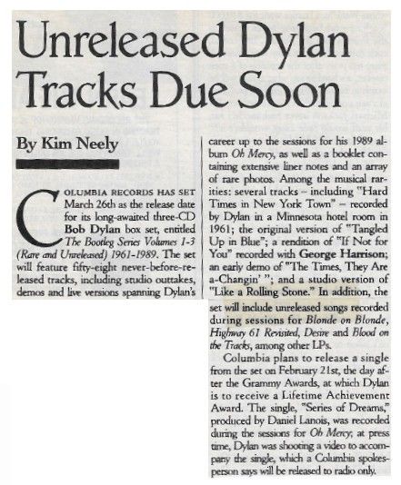 Dylan, Bob / Unreleased Dylan Tracks Due Soon (1991)