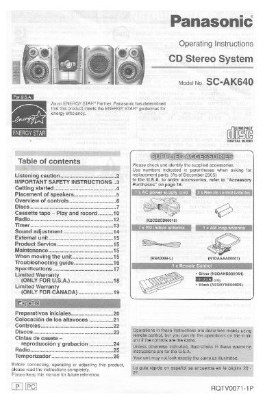 Panasonic / CD Stereo System - Operating Instructions (2005)
