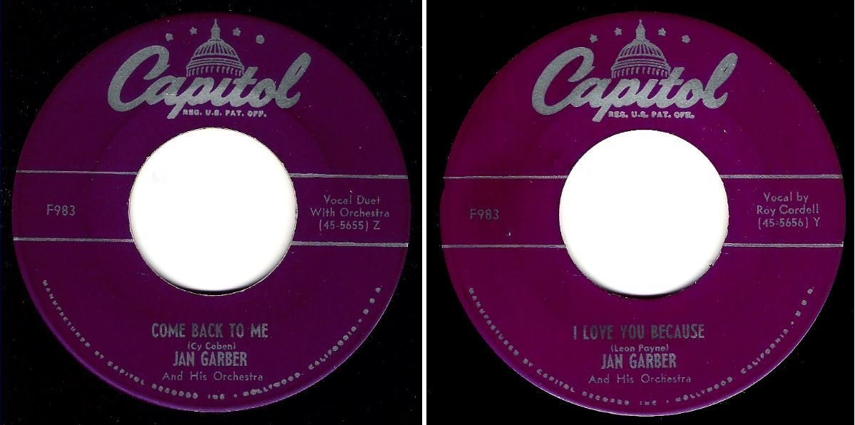 Garber, Jan / Come Back to Me (1950) / Capitol F-983 (Single, 7" Vinyl)