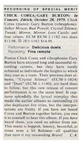 Corea, Chick (+ Gary Burton) / In Concert, Zurich, October 28, 1979 (1981)