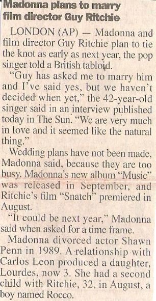 Madonna / Madonna Plans to Marry Film Director Guy Ritchie (2000) / Magazine Article