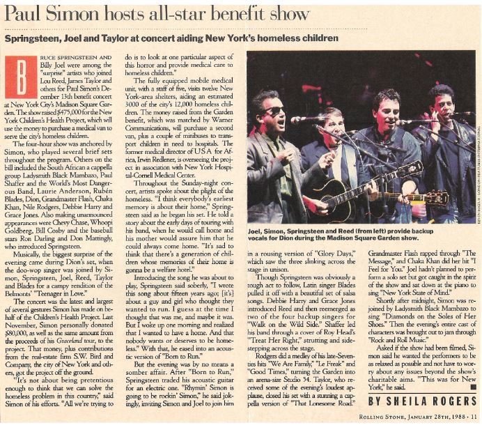 Simon, Paul / Paul Simon Hosts All-Star Benefit | Magazine Article + Photo (1987)