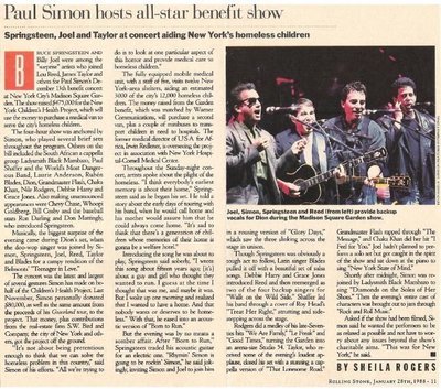 Simon, Paul / Paul Simon Hosts All-Star Benefit | Magazine Article + Photo (1987)