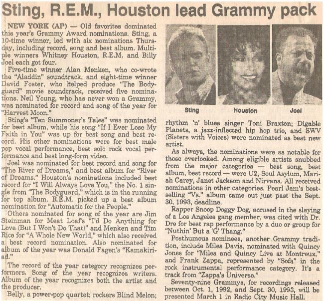 Sting / Sting, R.E.M., Houston Lead Grammy Pack | Newspaper Article + 3 Photos (1994)