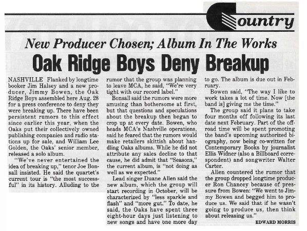 Oak Ridge Boys / Oak Ridge Boys Deny Breakup / 1986