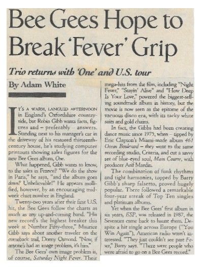 Bee Gees / Bee Gees Hope to Break &#39;Fever&#39; Grip / 1989