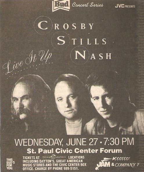 Crosby, Stills + Nash / Live It Up Tour - St. Paul, MN / Concert Ad | Clipping (1990)