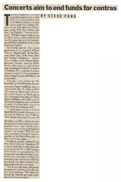 Henley, Don / Concerts Aim to End Funds for Contras / 1987