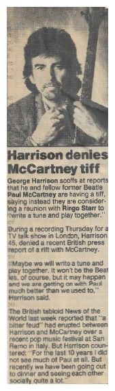 Harrison, George / Harrison Denies McCartney Tiff / 1988