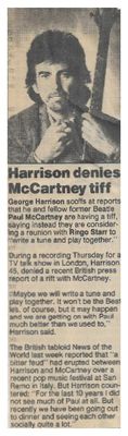 Harrison, George / Harrison Denies McCartney Tiff / 1988