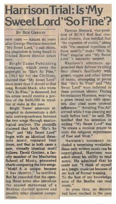 Harrison, George / Harrison Trial: Is My Sweet Lord So Fine? / 1976