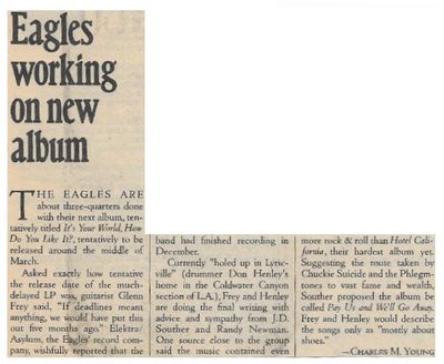 Eagles / Eagles Working On New Album / 1979