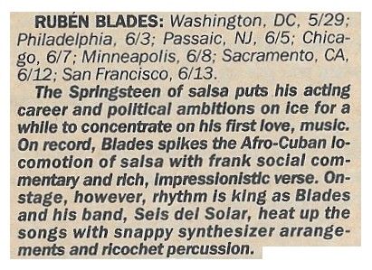 Blades, Ruben / Tour Dates + Story / 1987