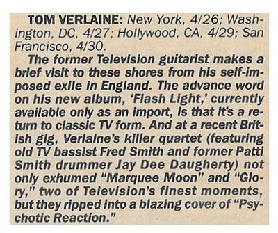 Verlaine, Tom / Tour Dates + Story / 1987