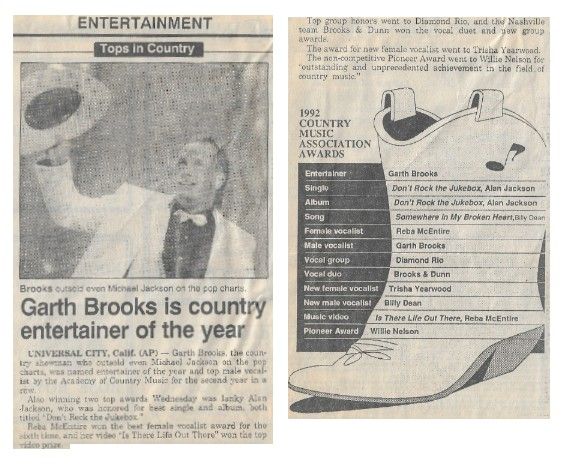 Brooks, Garth / Garth Brooks is Country Entertainer of the Year / 1992