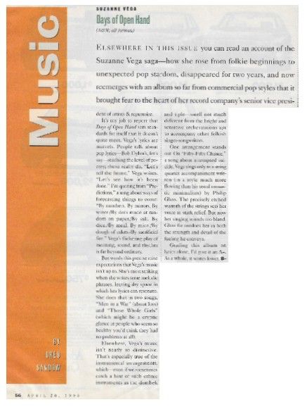 Vega, Suzanne / Days of Open Hand / 1990