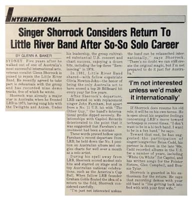 Little River Band / Singer Shorrock Considers Return to Little River Band After So-So Solo Career / 1987