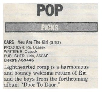 Cars, The / You Are the Girl / 1987