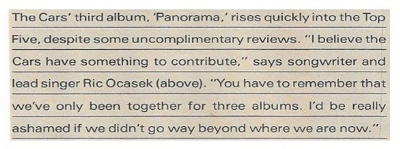 Cars, The / Panorama Rises Quickly Into the Top Five / 1980