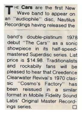 Cars, The / First New Wave Band to Appear on an Audiophile Disc / 1981