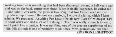 Lightfoot, Gordon / We Produced &#39;Anything for Love&#39; in Short Order / 1986