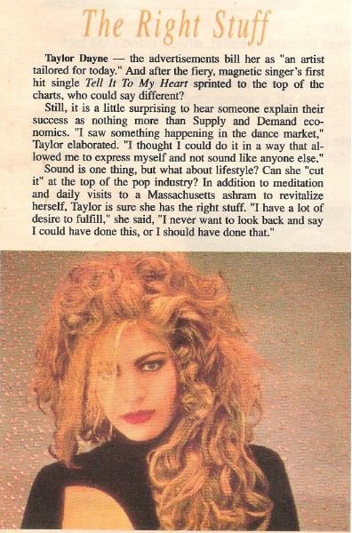 Dayne, Taylor / The Right Stuff | Magazine Article with Photo (1988)
