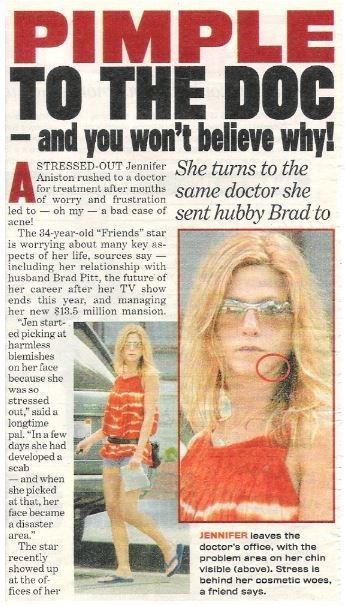 Aniston, Jennifer / Pimple Panic! Jennifer Runs | Magazine Article + 4 Photos (2003)